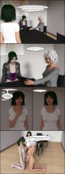 3d absurdres barefoot bottomless breasts comic dialogue female_only femdom femsub green_hair kneeling large_breasts masturbation nude text theheckle topless white_hair yuri