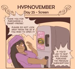 black_hair dark_skin english_text female_only femsub food hat hypnovember long_hair mary_mavys_(pstash) original pstash resisting shirt speech_bubble spiral spiral_eyes tech_control text trembling yellow_background