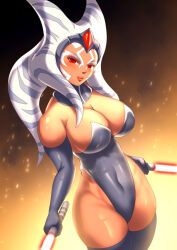 ahsoka_tano bare_shoulders blush breasts cleavage corruption female_only femsub gloves hadant happy_trance large_breasts lightsaber long_hair opera_gloves red_eyes smile solo standing star_wars tattoo tentacles thighhighs togruta twintails