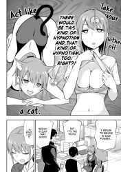 blush bra breasts cat_ears cat_tail cleavage comic empty_eyes english_text femsub greyscale large_breasts leotard maledom momoko_irosaki monochrome mousou_sensei official open_mouth pendulum ponytail shirt shirt_lift speech_bubble teacher yuu_negishi yuzuchiri