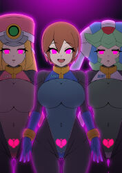  aile aura blonde_hair bodysuit breasts brown_hair crotch_tattoo empty_eyes expressionless female_only femsub green_hair haniwa_dogu548 happy_trance heart_tattoo huge_breasts long_hair looking_at_viewer megaman_(series) megaman_zx multiple_girls multiple_subs navel pandora_(megaman) pink_eyes prairie_(megaman) robot_girl semikichi short_hair standing standing_at_attention tattoo 