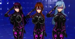  3d alternate_costume blue_hair bodysuit breasts brown_hair custom_maid_3d_2 cyber-sexaroid_(dndniwana3s) drone expressionless fate/grand_order fate_(series) female_only femsub girls_frontline hidoi_koto_suru_man hk416_(girls_frontline) huge_breasts hypnotic_accessory kantai_collection large_breasts latex long_hair multiple_girls multiple_subs ponytail purple_hair rubber saluting scathach_(fate/grand_order) standing standing_at_attention tech_control visor yamato_(kantai_collection) 