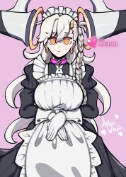 alternate_costume artsu_waifu bare_breasts breasts charm_(spell) cleavage clothed english_text expressionless fate/grand_order fate_(series) female_only femsub gloves heart horns hypnotic_magic large_breasts magic maid nipples olga_marie_animusphere pink_background pussy simple_background skirt_lift spiral spiral_eyes spiralwash_eyes spoilers symbol text u-olga_marie very_long_hair white_hair