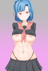 abs altered_common_sense alternate_costume blue_hair breasts cleavage erect_nipples female_only femsub glowing glowing_eyes huge_breasts navel no_bra pov pov_dom red_eyes ruri_sijimi short_hair short_skirt simple_background skirt solo the_idolm@ster thong torn_clothes yuriko_nanao