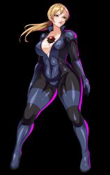 black_background blonde_hair blue_eyes bodysuit breasts capcom cleavage female_only femdom femsub hypnotized_dom jill_valentine large_breasts open_clothes p30 ponytail resident_evil resident_evil_5 simple_background solo tech_control thick_thighs voltz_san 