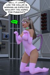  3d breasts cat_ears collar dialogue fake_tail female_only femsub happy_trance kneeling metrobay_comix original pet_play pink_pussycat solo super_hero tech_control text theheckle 