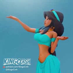  aladdin_(series) animated before_and_after black_hair breasts brown_eyes cleavage coils disney exposed_chest female_only femsub harem_outfit jafar kingocrsh long_hair looking_at_viewer midriff nipples pov pov_dom princess princess_jasmine red_eyes sound veil video 