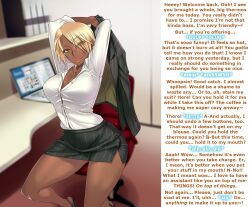bare_legs blonde_hair brain_drain breasts business_suit caption chair cleavage dark_skin embarrassed femsub hypnotic_drug jewelry large_breasts legs lorese_(manipper) manip necklace office_lady oohara_kyuutarou pov pov_dom short_hair short_skirt sitting skirt text thighs undressing yellow_eyes
