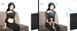  absurdres before_and_after black_hair choker drool empty_eyes english_text expressionless female_only femsub headphones long_hair midriff nexus_light open_mouth original purple_eyes sitting tech_control text yoga_pants 