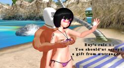 3d beach bikini black_hair blush femsub happy_trance heart heart_eyes maledom symbol_in_eyes text
