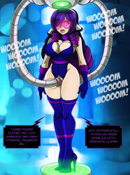 absurdres black_hair boots breasts cleavage curly_hair empty_eyes expressionless female_only fembot femsub glowing long_hair midnight_alvion_(oriana_anima) original purple_hair robot robotization standing tech_control text thigh_boots visor zorro-zero