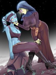  aayla_secura absurdres barriss_offee belt blue_skin blush chin_hold cleavage dazed female_only femdom femsub glatu green_skin headdress high_heels hypnotic_eyes hypnotized_dom kaa_eyes long_skirt midriff mirialan multiple_girls multiple_subs open_mouth outdoors ring_eyes sitting skirt standing star_wars twi'lek 