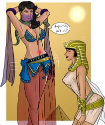 absurdres black_hair breasts cleavage dancing egyptian female_only femdom femsub glowing glowing_eyes happy_trance harem_outfit hipnotique_(the4thsnake) hypnotic_dance kneeling large_breasts multiple_girls original pharaoh-moan_(the4thsnake) polmanning see-through smile snake text veil