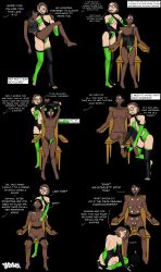 black_hair bodysuit breast_grab bridal_gauntlets brown_hair chair dark_skin dildo glasses hypnotized_assistant hypnotized_hypnotist kneeling natasha_(pawns_desire) nia_(pawns_desire) opera_gloves pawns_desire resisting restrained swimsuit thighhighs tragicsolitudedragon undressing wires