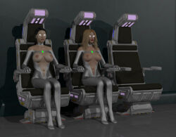  3d black_hair blonde_hair bodysuit breasts breasts_outside chair choker clothed_exposure drone expressionless female_only femsub glowing_eyes graybot large_breasts lipstick long_hair metrobay_comix multiple_girls multiple_subs navel nipples red_lipstick sitting sonya_crandall tech_control tecknophyle tien_hoang topless whitewash_eyes 