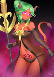 blush breasts cleavage corruption crotch_tattoo demon demon_girl elf_ears femsub gloves glowing glowing_eyes goddess gradient_background green_hair hadant happy_trance heart heart_tattoo horns kid_icarus large_breasts magic monster_girl necklace nintendo opera_gloves palutena purple_eyes see-through short_hair signature simple_background staff succubus tail tattoo weapon