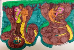 before_and_after brown_hair coils dark_skin disney femsub fluttershy happy_trance hypnotic_eyes kaa kaa_eyes kuskitasewmayekan long_hair maledom my_little_pony naga_boy personification pink_hair short_hair snake snake_boy the_jungle_book traditional