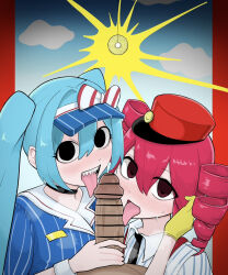  black_eyes blue_hair blush bow censored choker cuffs double_fellatio drill_hair empty_eyes erection fangs fellatio femsub gloves glowing hat kagemono licking long_hair maledom mesmerizer_(vocaloid) miku_hatsune multiple_girls multiple_subs pendulum penis red_eyes red_hair sharp_teeth shirt short_hair smile sweat teto_kasane tie tongue tongue_out twintails uniform vocaloid 