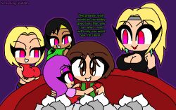 athena_asamiya bandana bare_shoulders blonde_hair blue_mary breasts brown_eyes brown_hair cleavage cleavage_cutout clothed crossed_arms crossover dark_skin earrings empty_eyes english_text eye_color_change femsub gloves happy_trance harem heterosexual hypnoscream killer_instinct king_of_fighters large_breasts lipstick looking_at_viewer makeup maledom multicolored_eyes multiple_girls multiple_subs ninja_gaiden orchid_(killer_instinct) ponytail psycho_soldier purple_background purple_hair rachel_(ninja_gaiden) red_lipstick sie_kensou simple_background smile text