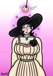 alcina_dimitrescu black_hair dress female_only femsub hat huge_breasts kilroylucy18 milf pendulum red_lipstick resident_evil resident_evil_village simple_background vampire wide_hips 