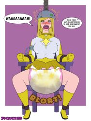 34qucker age_regression blonde_hair brain_drain breasts chair dialogue diaper helmet lipstick long_hair original scat skirt super_hero tears text urination