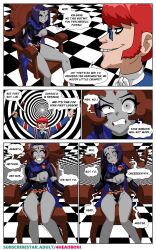  4headboiii comic dc_comics dialogue drool eyes_held_open femsub grey_skin mad_mod nipples one_breast_out open_mouth purple_hair raven resisting restrained spiral_eyes spiralwash_eyes super_hero teen_titans text 