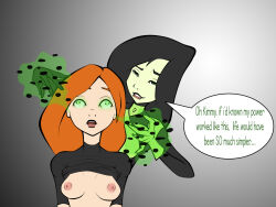 black_hair bored_as_anything breasts disney empty_eyes femdom femsub green_eyes kim_possible kim_possible_(series) long_hair magic open_mouth red_hair shego text topless unfocused_eyes