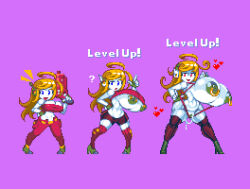 anonsprite ass_expansion before_and_after bimbofication blonde_hair breast_expansion cave_story clothed_exposure confused corruption curly_brace female_only fingerless_gloves gloves hand_on_hip headphones heart high_heels huge_breasts large_breasts looking_at_viewer navel nipple_piercing nipples pants pixel_art prostitution pussy pussy_juice robot robot_girl seductive_smile simple_background sling_bikini smile text thighhighs transformation tube_top very_long_hair white_skin