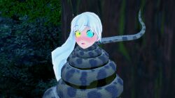 3d asphyxiation bikini blue_eyes breasts cleavage coils confused disney kaa kaa_eyes large_breasts leaning_forward leopard_print lipstick long_hair makeup mmd mrkoiru open_mouth outdoors pale_skin ponytail rwby silver_hair sitting snake the_jungle_book trees weiss_schnee