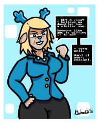 blonde_hair blue_eyes blue_lipstick carol_holiday deltarune dialogue female_only horns kilroylucy18 milf reindeer_girl smile smug
