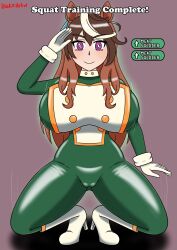 bodysuit boots brown_hair female_only femsub gloves large_breasts long_hair meat_corp multicolored_hair purple_eyes saluting squatting symboli_rudolf thick_thighs uma_musume usakiki white_hair