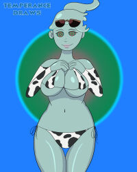  bikini breasts cow_girl cow_print female_only femsub ghost ghost_girl happy_trance large_breasts monster_prom polly_geist ponytail ring_eyes smile solo temperancedraws 