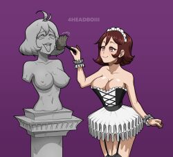  4headboiii absurdres ahegao breasts brown_hair cleaning cleavage empty_eyes feather_duster female_only large_breasts maid maid_headdress miniskirt multiple_girls open_mouth petrification short_hair smile statue thighhighs tongue tongue_out topless uniform 