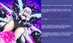 absurdres armpits bare_shoulders black_heart breasts caption cleavage female_only femdom femsub gloves glowing glowing_eyes hyperdimension_neptunia hypnotized_dom large_breasts long_hair manip noire oekakizuki open_mouth opera_gloves rize_(manipper) smile spiral_eyes symbol_in_eyes text thighhighs white_hair wings yuri