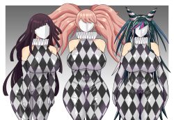 bare_shoulders black_hair blonde_hair blue_hair bodysuit breasts brown_hair dangan_ronpa drone dronification expressionless faceless female_only femsub gloves hair_ornament ibuki_mioda junko_enoshima konaloid large_breasts latex long_hair mask mikan_tsumiki multicolored_hair multiple_girls multiple_subs opera_gloves piercing pink_hair standing standing_at_attention super_dangan_ronpa_2 twintails very_long_hair white_hair