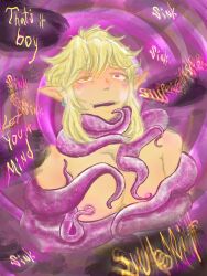  blonde_hair bottomless breath_of_the_wild earrings elf elf_ears glowing glowing_eyes happy_trance hypnosimp410 link male_only malesub nintendo nipple_play nude open_clothes pink_background tentacles the_legend_of_zelda topless 