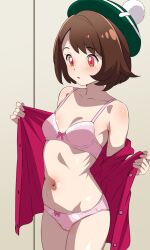  bangs bare_legs bare_shoulders blush bra breasts brown_hair cameltoe collarbone femsub flat_chest gloria_(pokemon) glowing_eyes hat mak066 navel nintendo open_mouth panties pokemon pokemon_sword_and_shield red_eyes shirt shirt_lift short_hair solo underwear undressing 