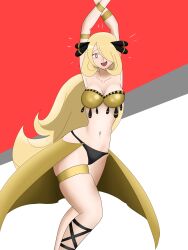 absurdres blonde_hair breasts cleavage collarbone cynthia dancing femsub happy_trance harem_outfit large_breasts long_hair nintendo pokemon pokemon_diamond_pearl_and_platinum smile spiral_eyes syas-nomis symbol_in_eyes 