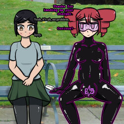 aware black_hair blush bodysuit brown_eyes bulge chair clothed collarbone consensual drill_hair drone female_only femsub forest happy_trance large_breasts navel null_bulge outdoors purple_eyes red_hair shirt shoes short_hair sitting skirt smile spiral spread_legs tech_control teto_kasane thighhighs trance_delightful transfem transgender_identity visor vocaloid