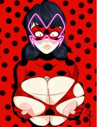 black_hair blue_eyes breast_expansion breasts corruption erect_nipples huge_breasts jabberwocky_(manipper) marinette_dupain-cheng mask miraculous_ladybug redshiheart shrunken_irises super_hero torn_clothes twintails