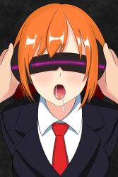  absurdres angry before_and_after black_background blush clefla corruption crossed_arms drool female_only femsub headphones maledom open_mouth orange_hair original pov pov_dom short_hair simple_background solo suit tie tongue tongue_out visor 