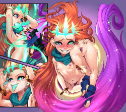 absurdres arms_above_head ass blue_eyes blush bottomless bracelet brain_injection breasts censored control_indicator corruption crown evil_smile eye_color_change femsub floating from_behind gloves glowing_eyes green_eyes happy_trance heterochromia hypnotic_smoke league_of_legends looking_at_viewer maledom midriff naughty_face naughty_smile navel nipples open_mouth oral orange_hair portals possession purple_eyes purple_hair pussy royalty ruination ruined_life slimedrippy small_breasts smile smoke sparkle spit_trail sweat tongue tongue_out topless torn_clothes undressing very_long_hair viego_(league_of_legends) zoe_(league_of_legends)