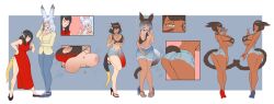  animal_ears ass_expansion bimbofication black_hair breast_expansion bunny_girl comic dragon_girl erection erection_under_clothes female_only femsub frozenaardvark heart_eyes holding_breasts horns large_breasts multiple_views tail transformation twinning white_hair 