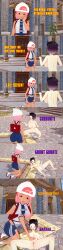  absurdres black_eyes black_hair breasts censored clothed dialogue english_text female_only femdom femsub mad_jacks multiple_girls nintendo nipples nude open_mouth pink_hair pokemon pussy short_hair squatting text tongue tongue_out 