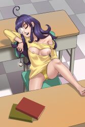  ahoge barefoot black_hair breasts bubble chien_vietnam classroom drool exposed_chest female_only femsub hypno-tan large_breasts nipples open-chest_sweater open_mouth original panties pocket_watch self_hypnosis sleeping underwear 