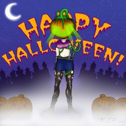  absurdres breasts clothed eagle_bacon english_text femsub glowing_eyes halloween midriff navel night original outdoors parasite possession pumpkin skirt standing text torn_clothes vines 