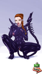 7th-heaven abs alien alien_(movie) braid breasts brown_hair corruption finger_to_mouth gakuen_enkou_nikki groping large_breasts long_hair muscle_girl ponytail pussy pussy_juice sei_yariman symbiote tongue tongue_out xenomorph yellow_eyes