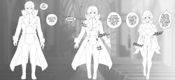  black_eyes breasts cleavage clothed dialogue empty_eyes english_text eye_color_change feminization femsub grey_eyes greyscale heterosexual high_heels large_breasts love male_pov maledom malesub pov pov_dom re:zero_starting_life_in_another_world regulus_corneas reinhard_van_astrea short_hair text thighhighs transformation transgender yaker-kina 