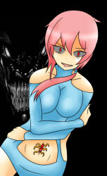 boomerang96 breasts cleavage collarbone drool female_only femsub huge_breasts long_hair mayuri_(boomerang96) navel open_mouth original parasite pink_hair red_eyes skirt solo sweat