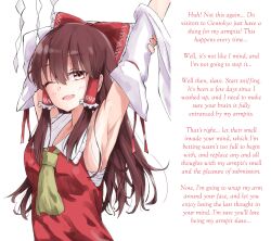 accidental_hypnosis akagikou armpits arms_above_head blush breasts brown_hair caption caption_only dress female_only femdom hypnofyre_(manipper) hypnotic_armpits hypnotic_smell long_hair manip open_mouth pov pov_sub red_eyes reimu_hakurei shrine_maiden smile text touhou wink 